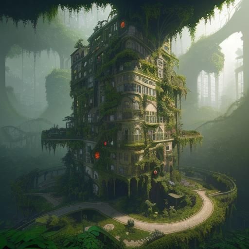 Overgrown Cityscape in Cubist Fantasy Style