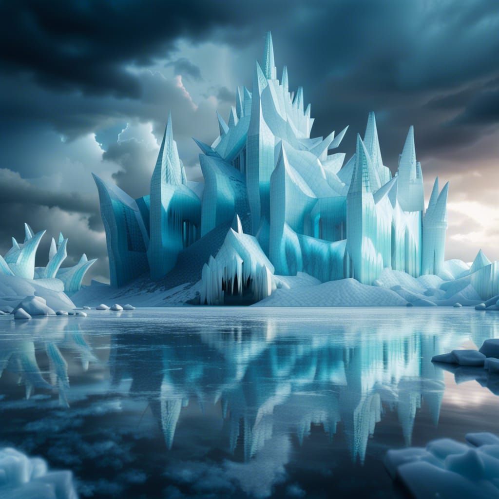 Hyperrealistic Ice Palace Reflecting Mythical Storm