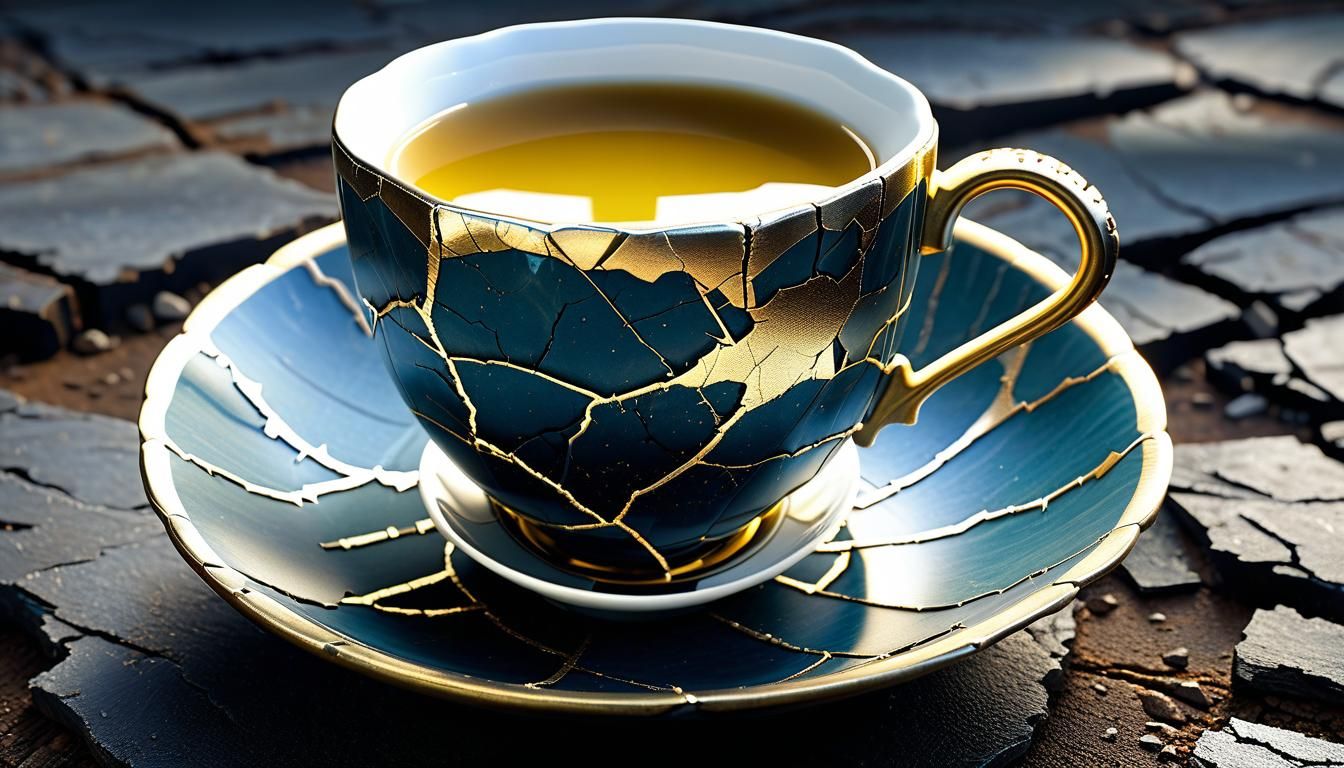 Kintsugi Teacup in Post-Apocalyptic Sci-Fi Style