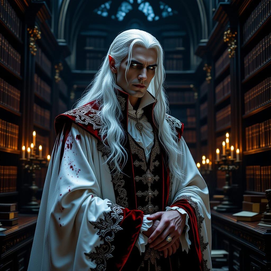 A sorrowful vampire king with long, flowing white hair and piercing blue eyes, clad in a blood-soaked white velvet robe ...