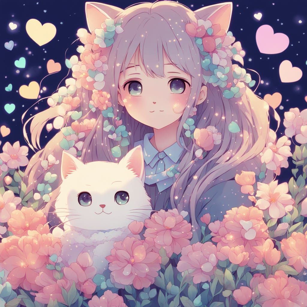 Anime Girl with Kawaii Cat in Moe Style