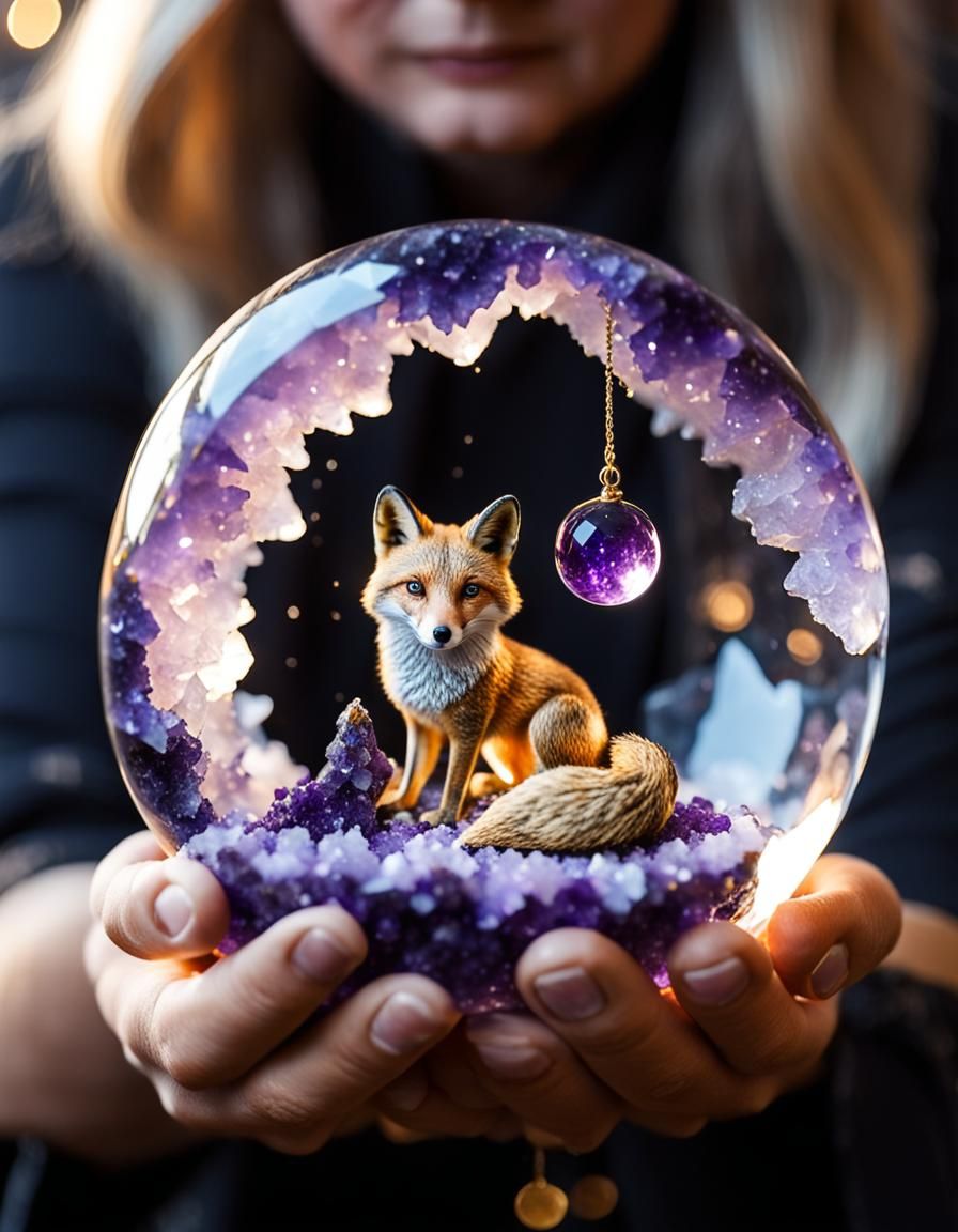 Magical Amethyst Orb with Golden Fox Figurine
