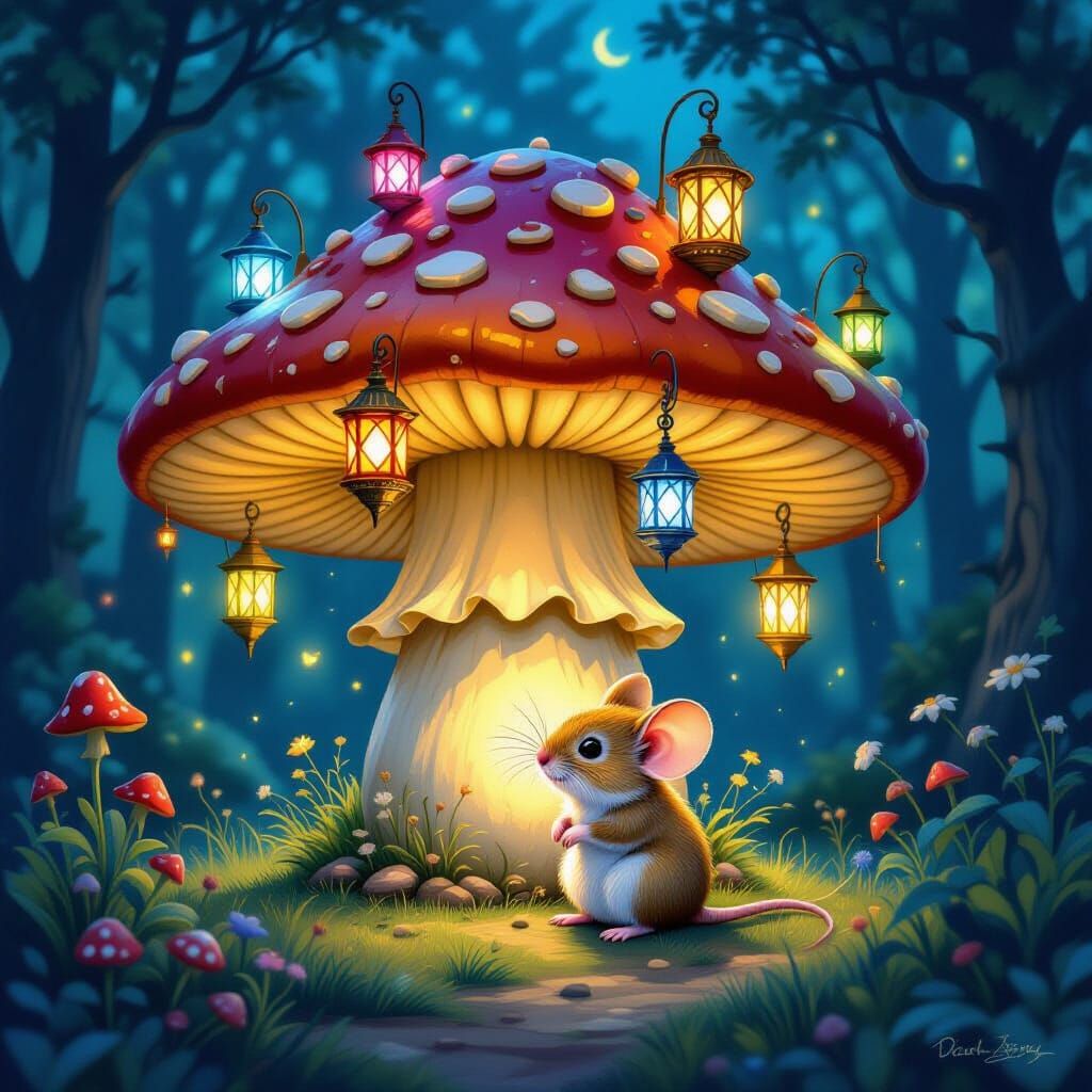 Mouse Under Mushroom Lanterns in Whimsical Forest