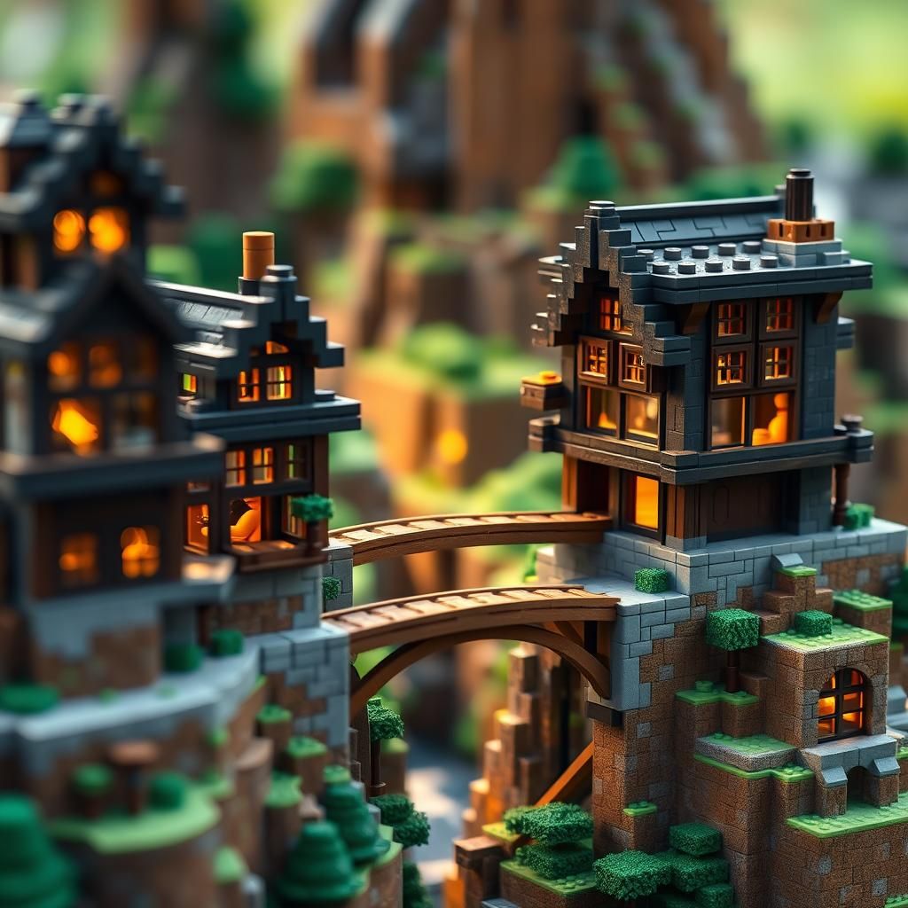 Minecraft Buildings Linked by Bridges: Photography