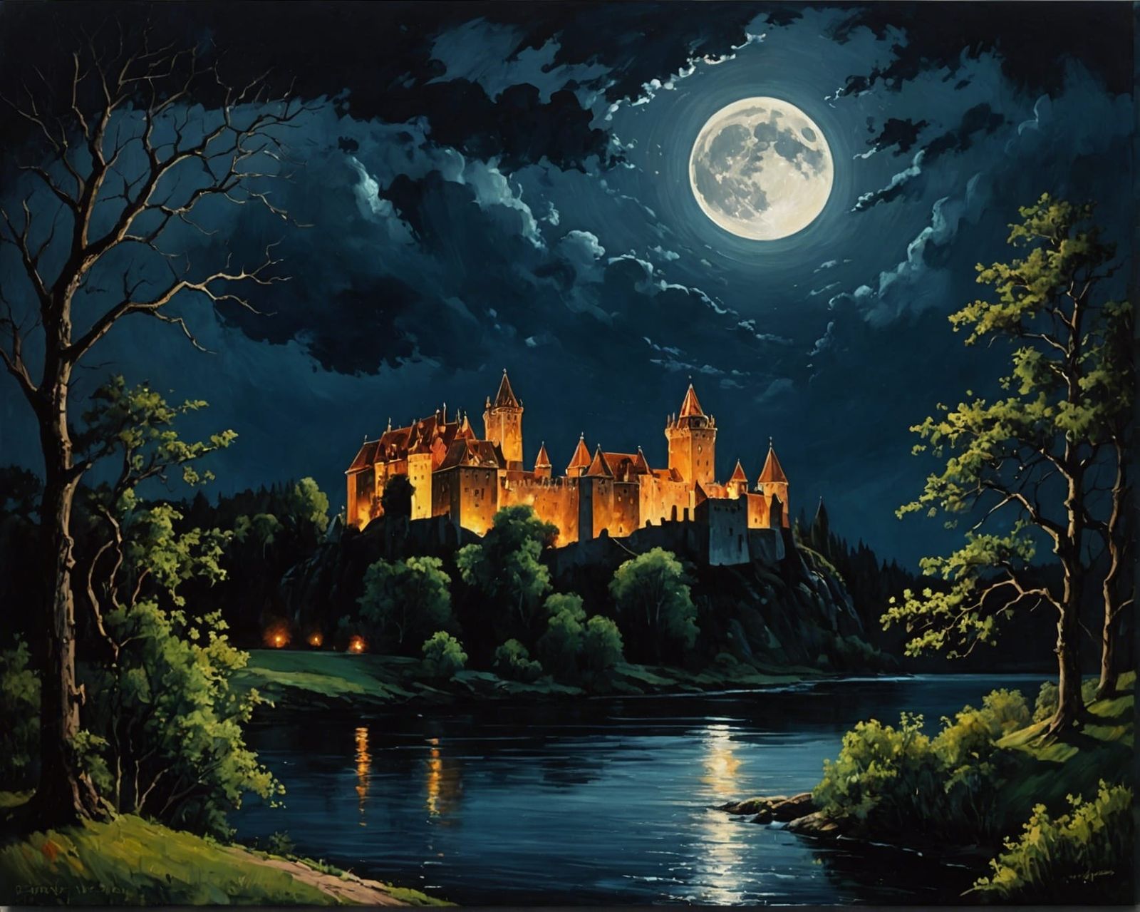 Dracula's Castle at Night: An Oil Painting