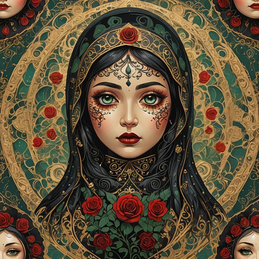 Gothic Matryoshka Doll with Roses in Art Nouveau Style