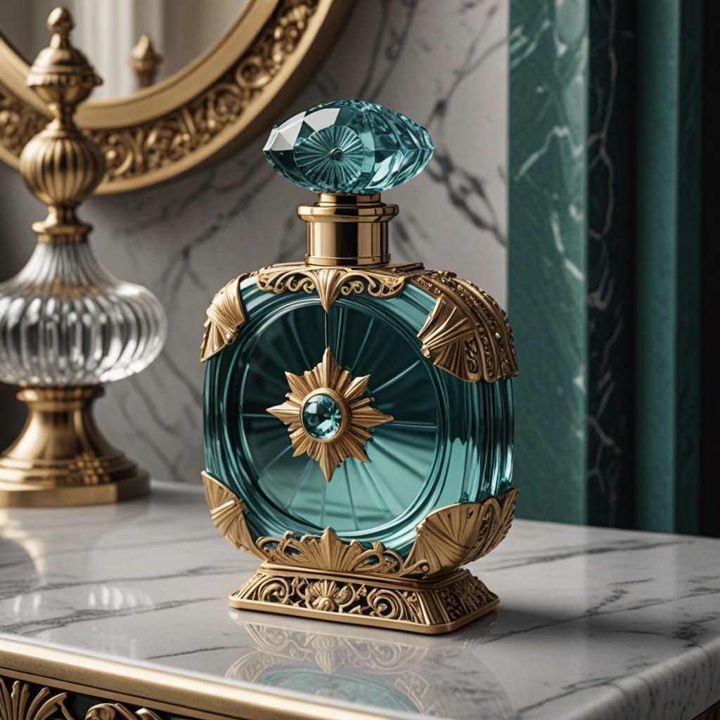 Luxurious Art Deco Perfume Bottle in Aquamarine Glass