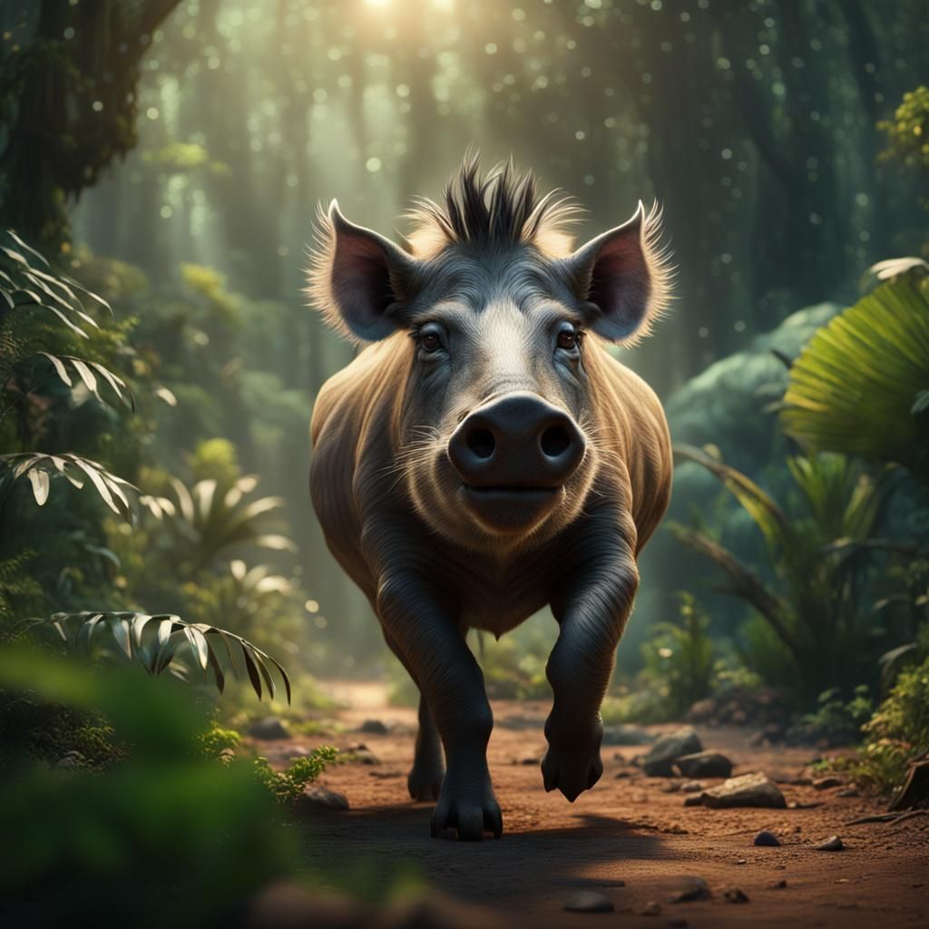 Cute Warthog in Jungle: Digital Matte Painting
