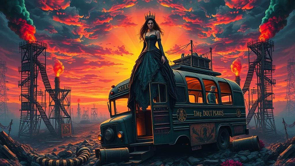 Gothic Queen on Mad Max Tour Bus at Sunset