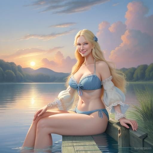 Mature Woman in Victorian Bathing Suit at Sunset