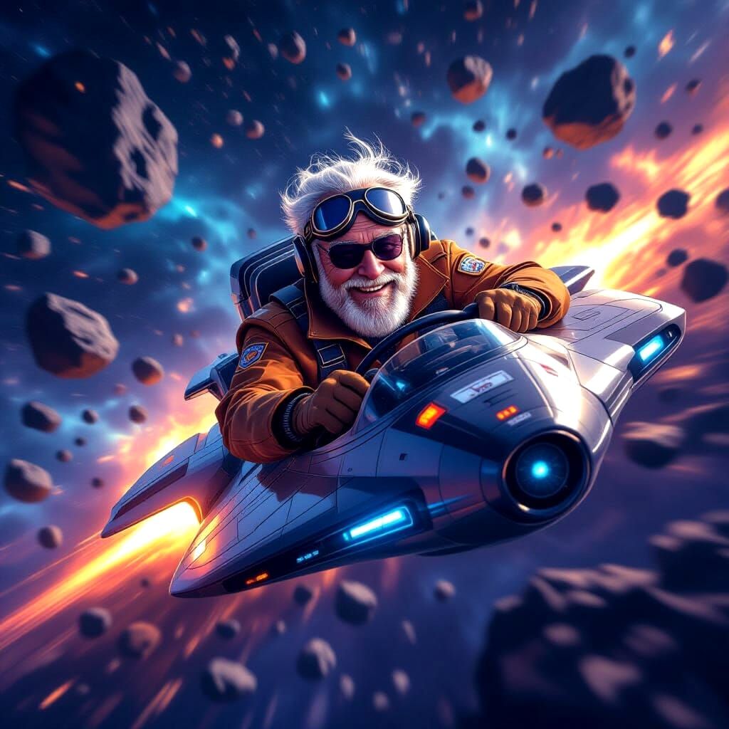 Elderly Pilot Navigates Asteroid Field in Sci-Fi Style