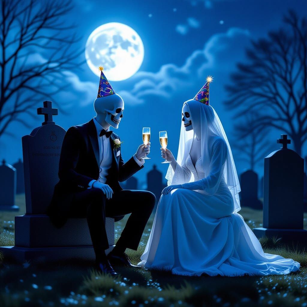 Ghost Couple Celebrates Anniversary in Moonlit Graveyard
