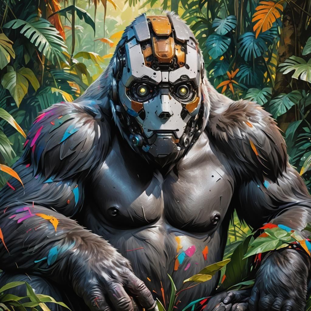 Hyperrealistic Robotic Face in Colorful Splash Art