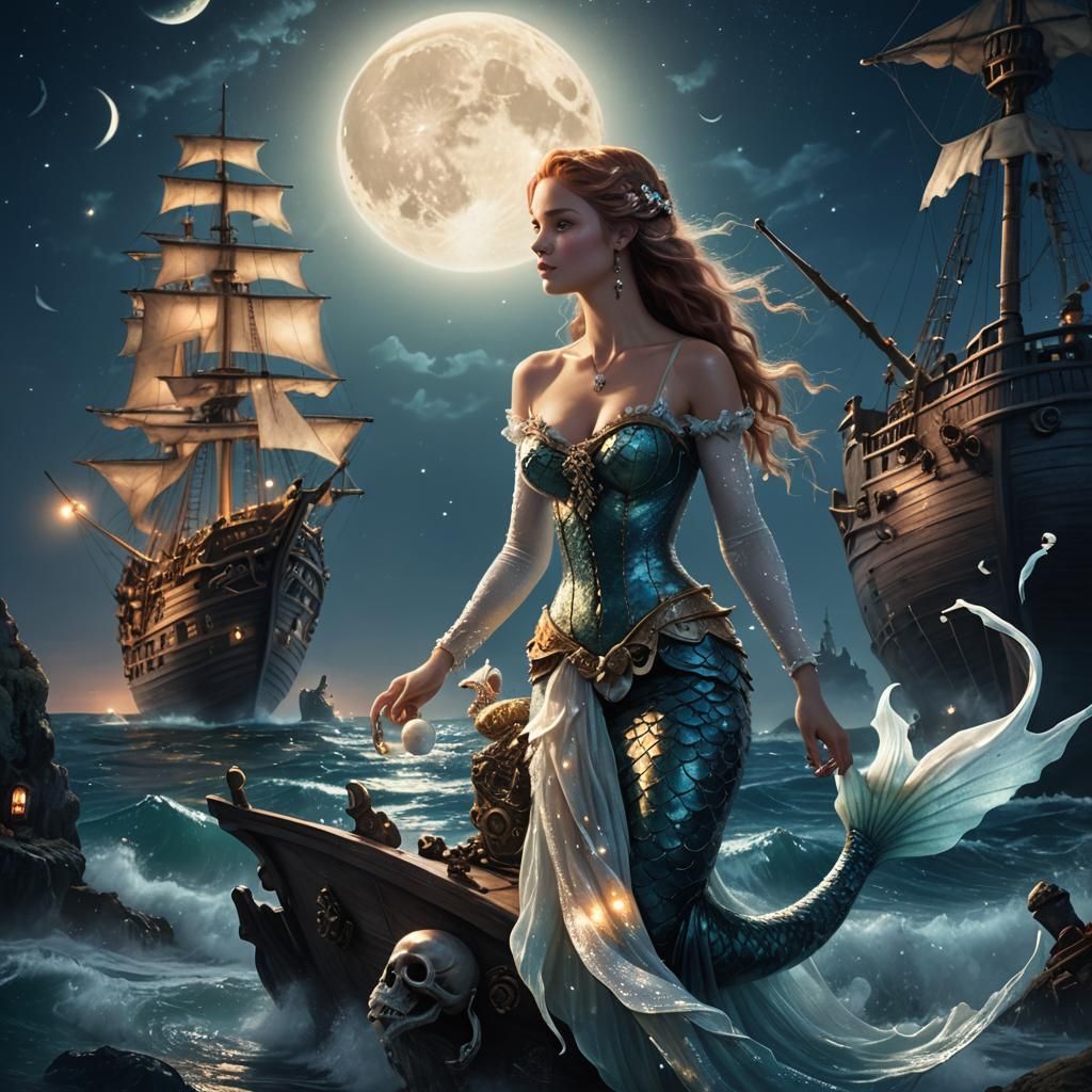 Enchanting Mermaid with Pearl by Pirate Ship