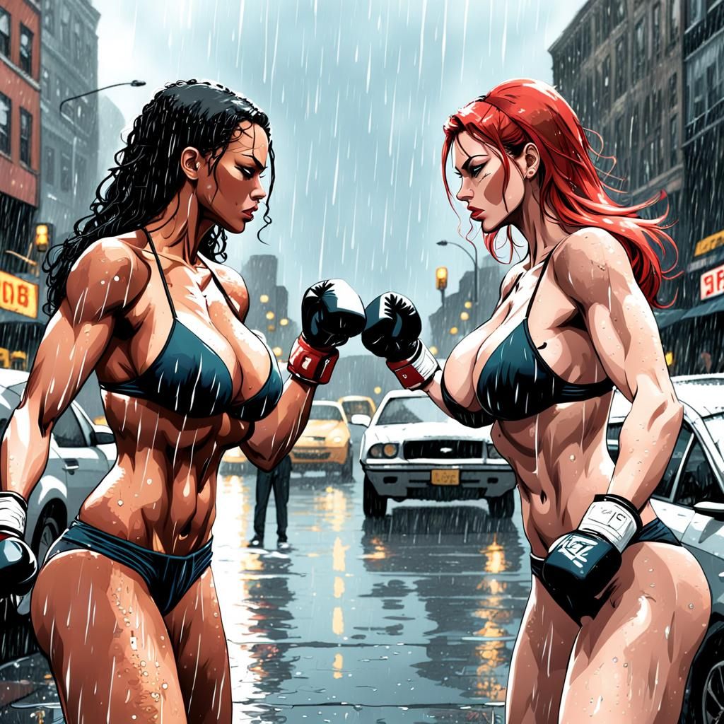 Bikini Staredown in Rainy City Street Fight