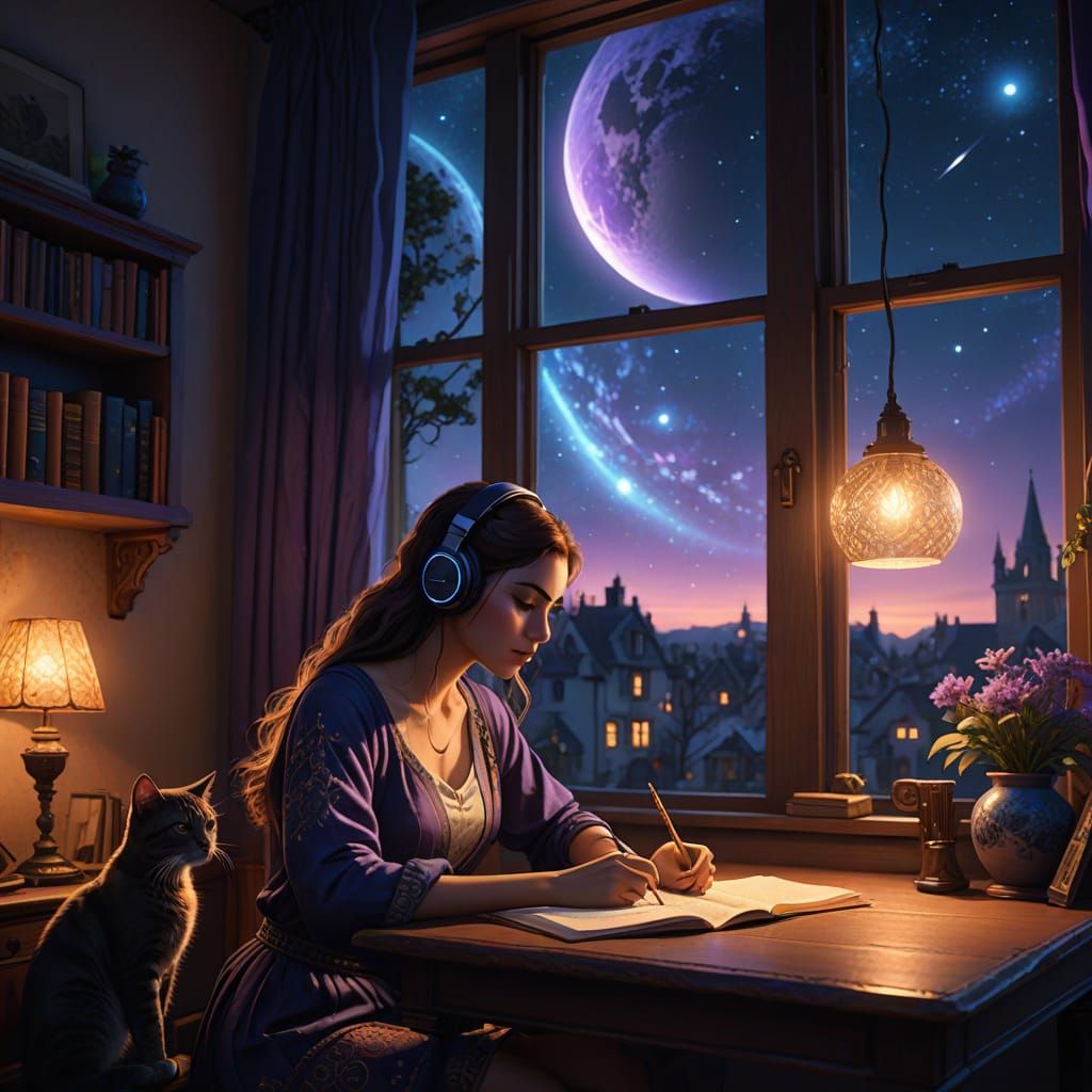 Fantasy Study Scene with Comet under Warm Lamp Light