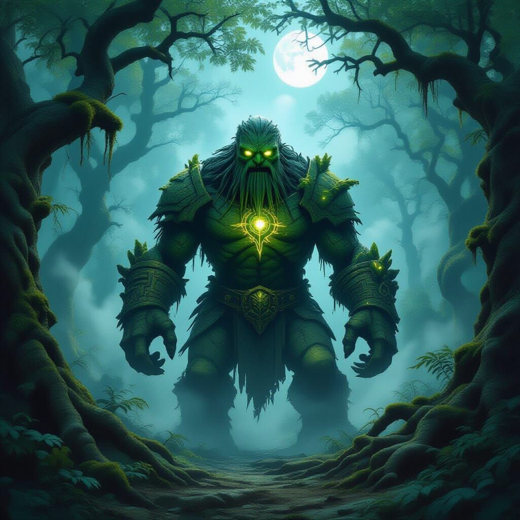 Ancient Stone Golem in Misty Forest Clearing