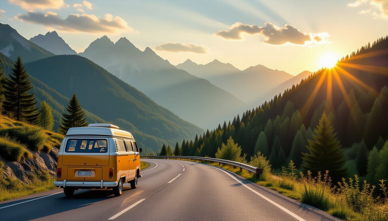 Vintage Camper Van Explores Carpathian Mountains at Sunrise