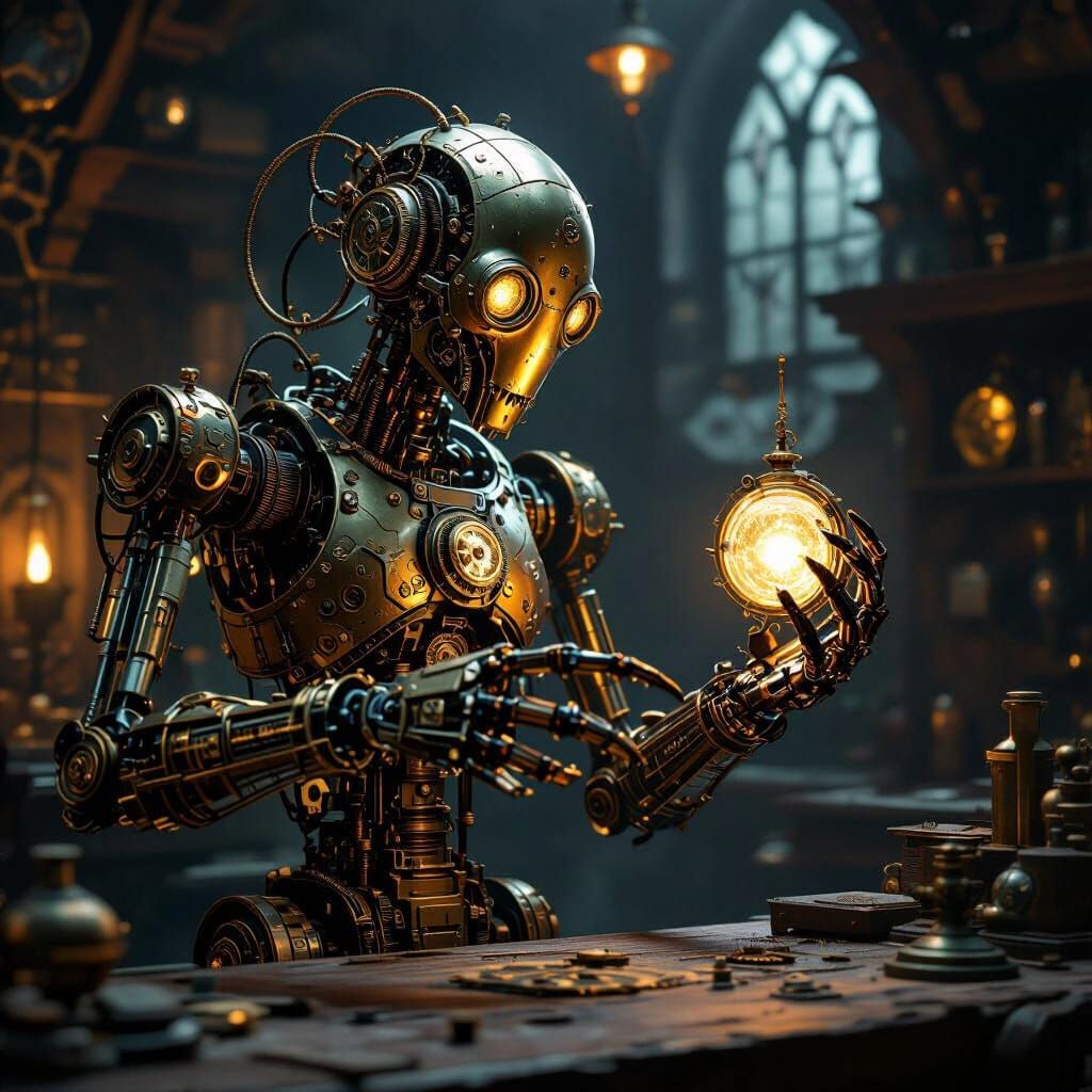 Steampunk Automaton in Gothic Workshop with Arcane Artifact