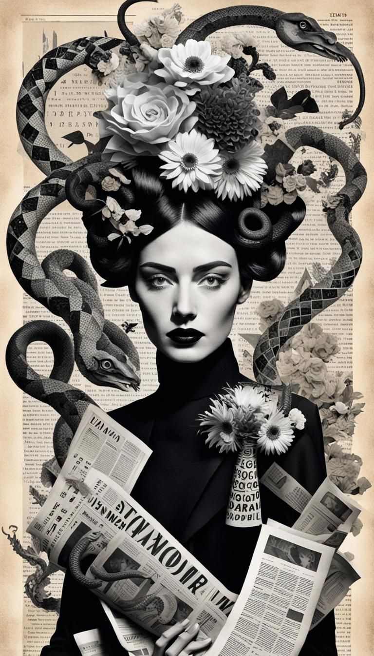 Monochrome Collage of Woman with Serpents in Dada Style