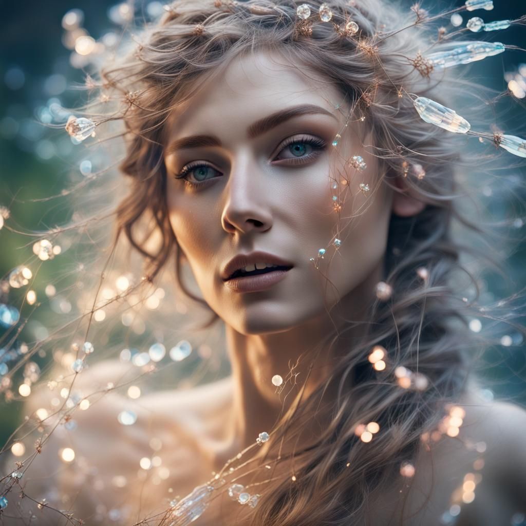 Fae Portrait with Crystal Hairpins in Bioluminescent Forest