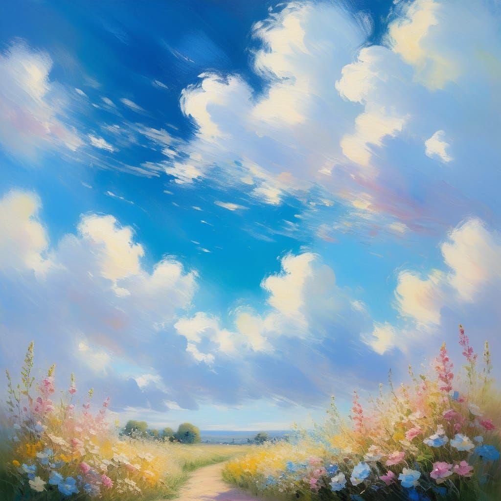 Impressionist Flowers Under Blue Skies as Monet Painting