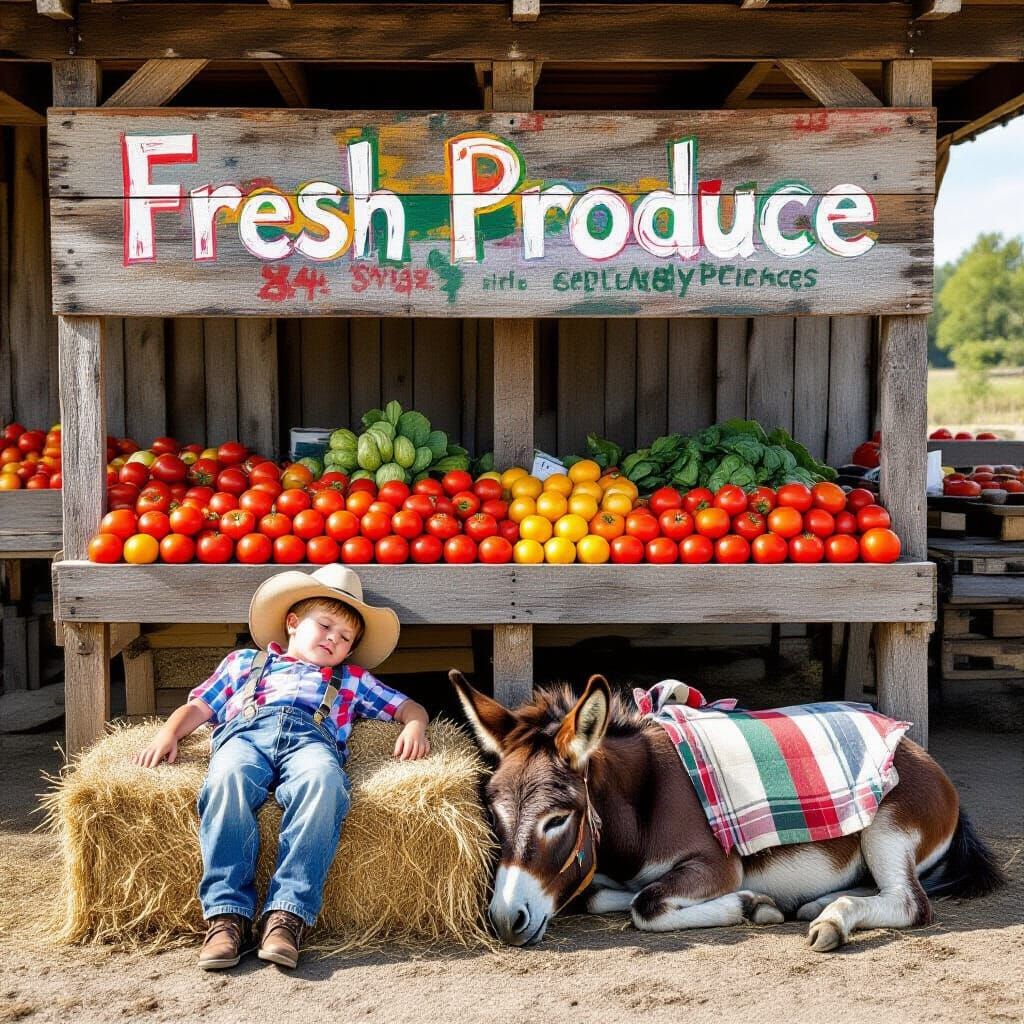 Rustic Vegetable Stand with Sleeping Boy