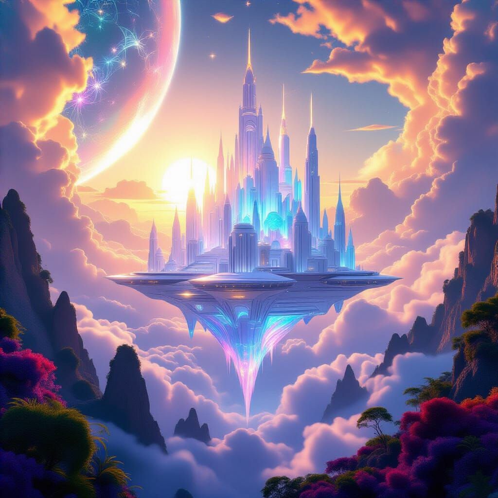 Futuristic Sky Castle on Alien Planet, Digital Matte Paintin...