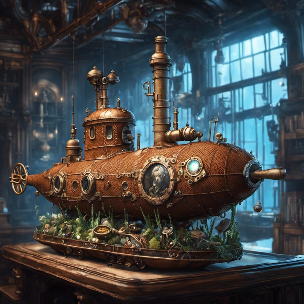 photorealistic cute crochet steampunk_submarine, soft lighti...