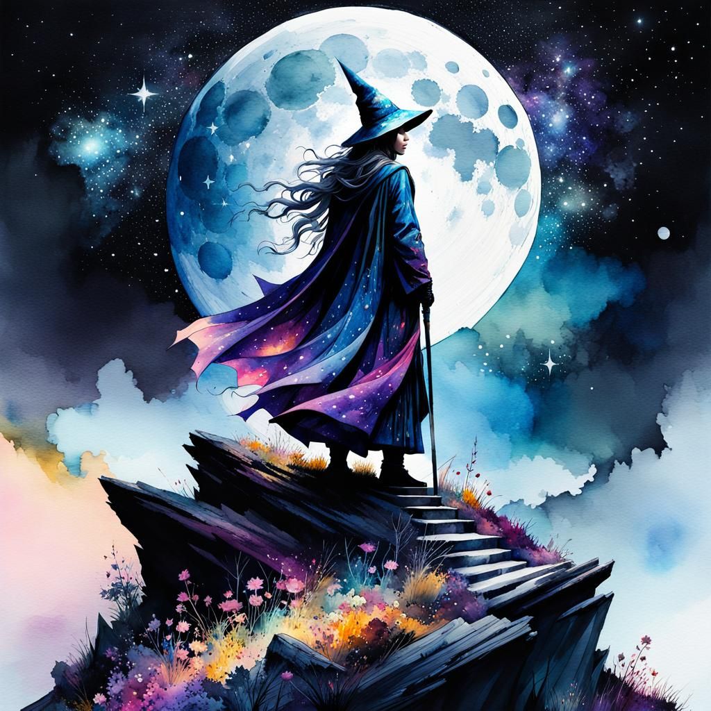 Galaxy Wizard Portrait in Watercolor Fairytale Style