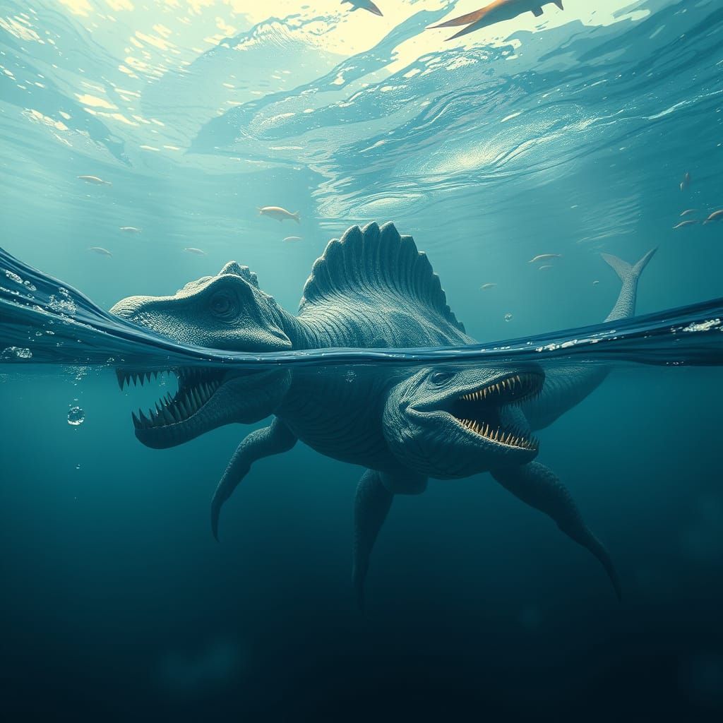 Ichthyosaurus and Plesiosaur in Ocean Waters