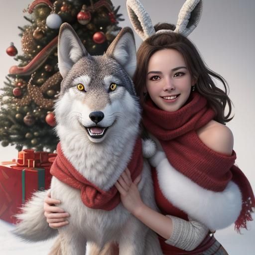 Fluffy Wolf and Hare Skating at Christmas