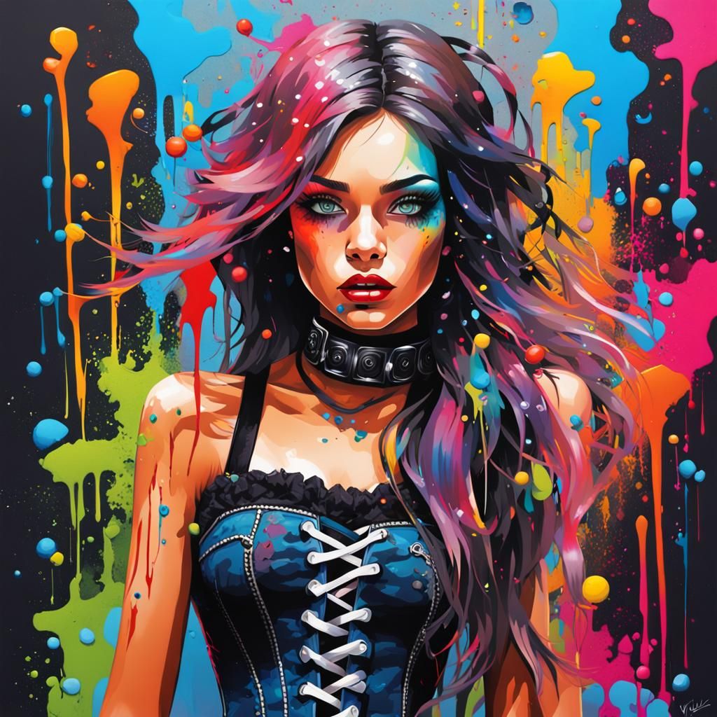 Striking Girl in Vivid Graffiti Splash Art