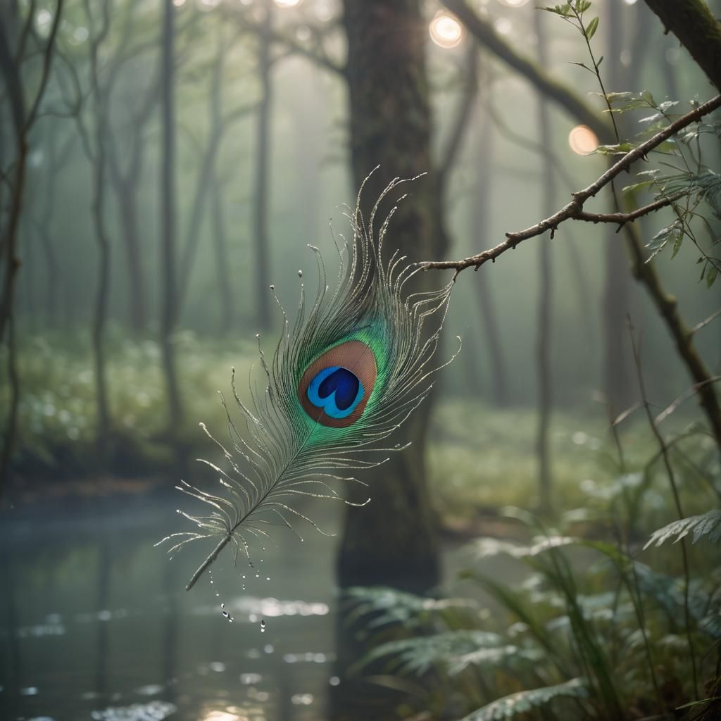Falling Peacock Feather in Dreamy Landscape