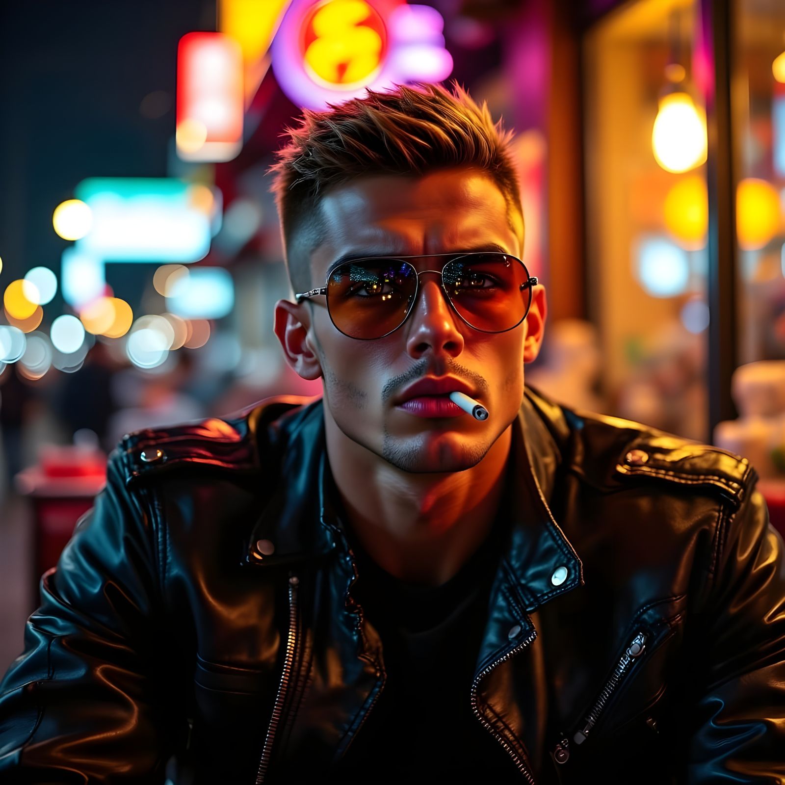 Mysterious Biker Exudes Quiet Confidence in Neon-Lit Night