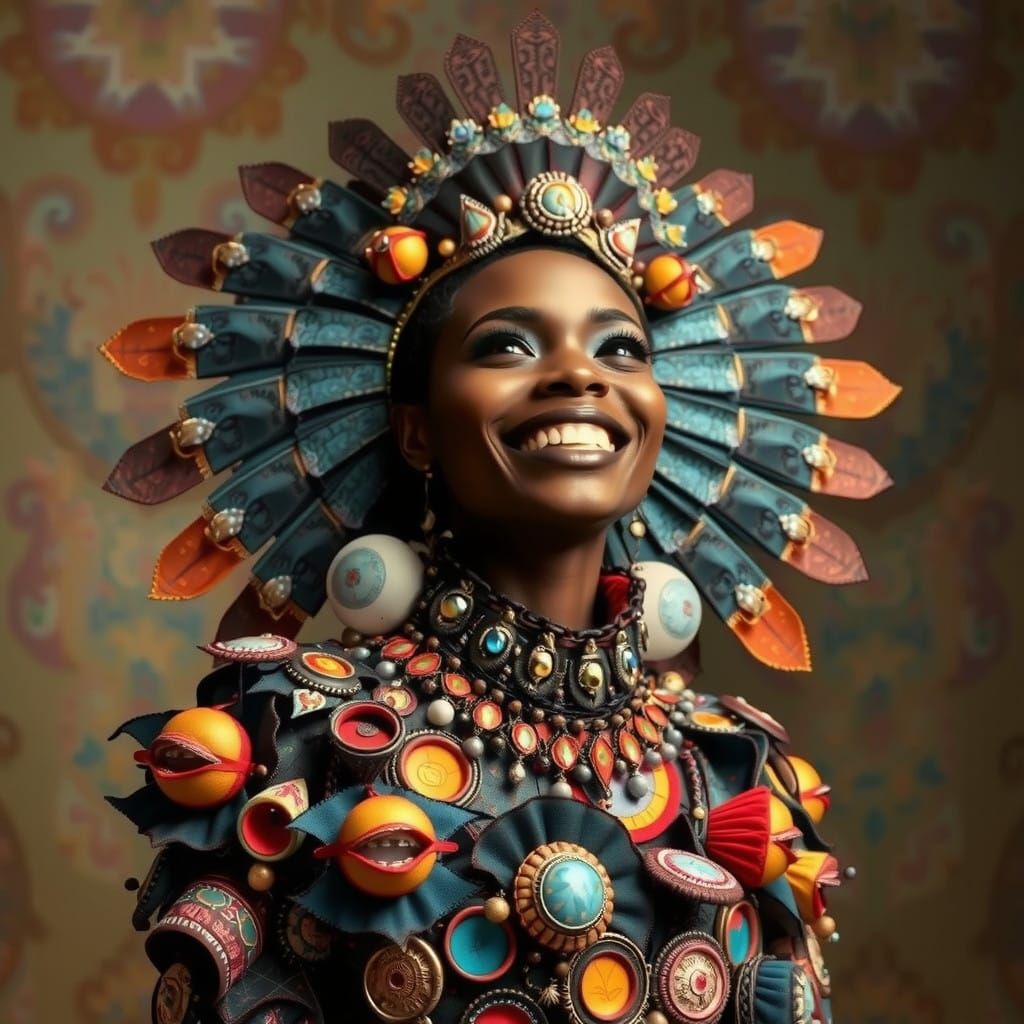 Afrofuturist Warrior Queen in Vibrant Mixed Media Portrait