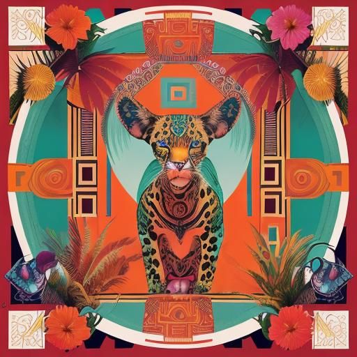 Art Deco Mayan Collage with Animals and Architecture