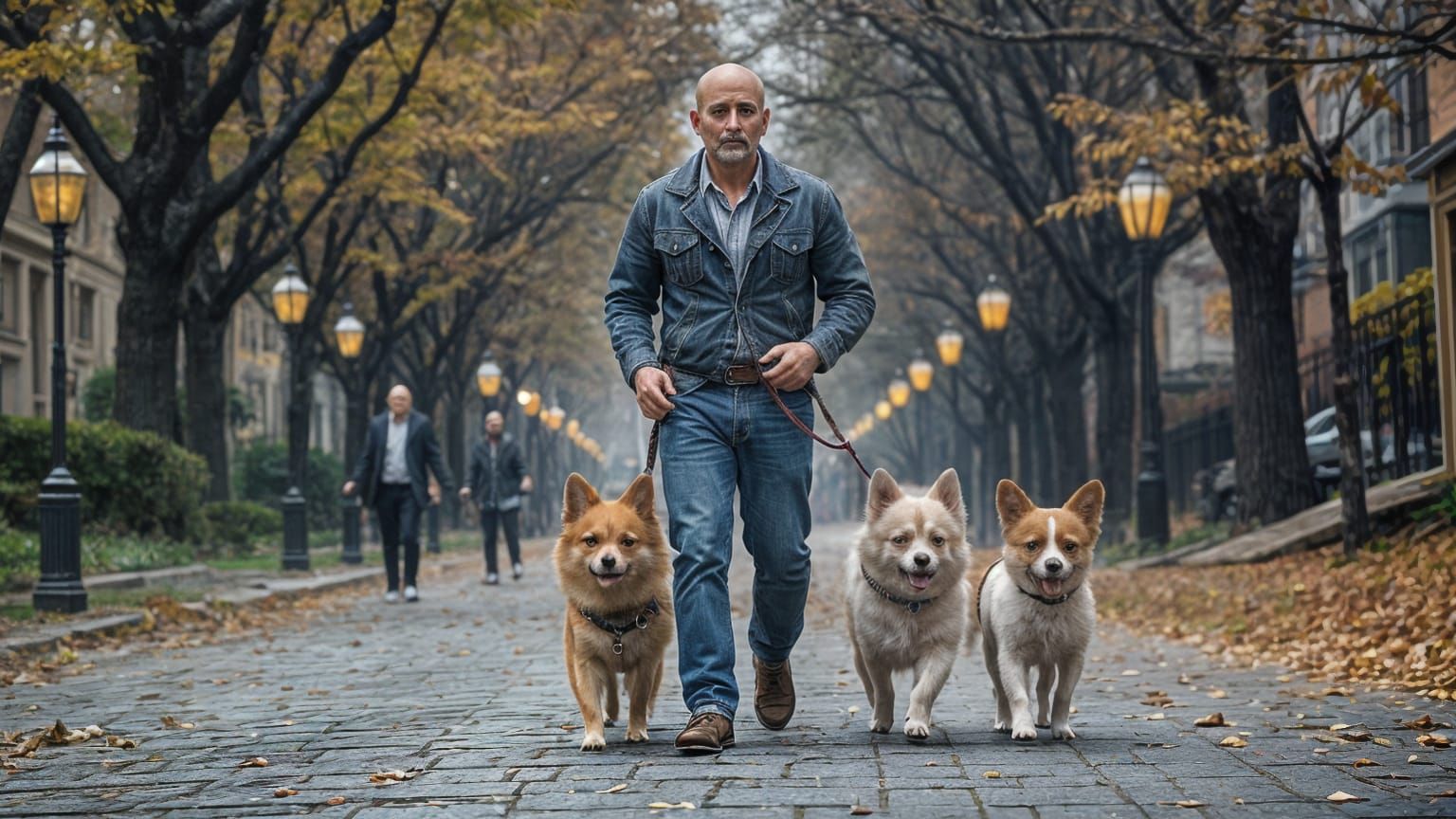 Man Walks Dogs on Fall Avenue: 8K Digital Painting