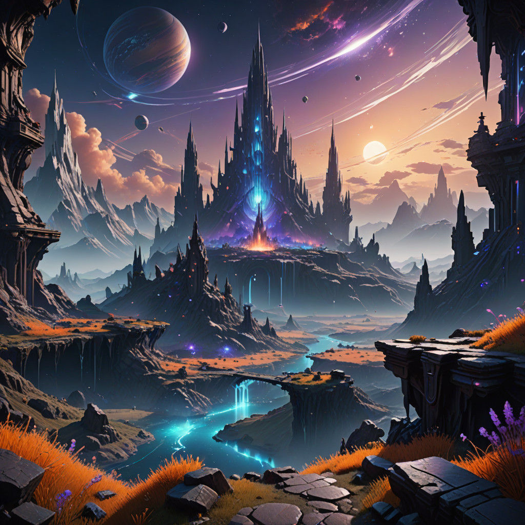 Surreal Saturnian Cityscape in Vibrant, Iridescent Colors