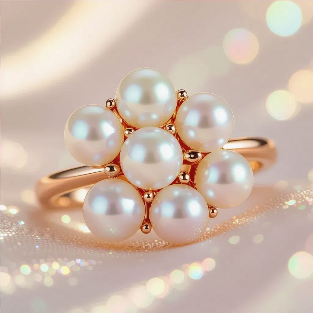 Rose Gold Ring With Luminous Pearls, Hyperrealistic Close-Up