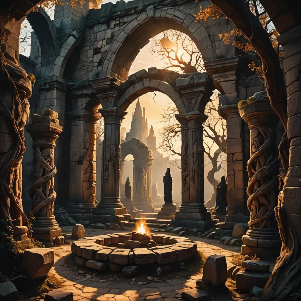 Eerie Ritual at Ancient Ruins in 3D Anime Style