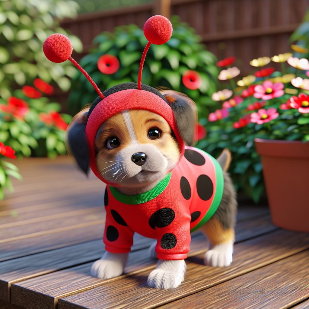 Disney Pixar style 3D adorable puppy, dressed in a ladybug costume, with a headband that has antennae, in a backyard gar...