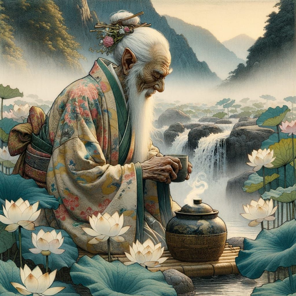 Mountain Goblin Brews Lotus Tea: Ukiyo-e Style