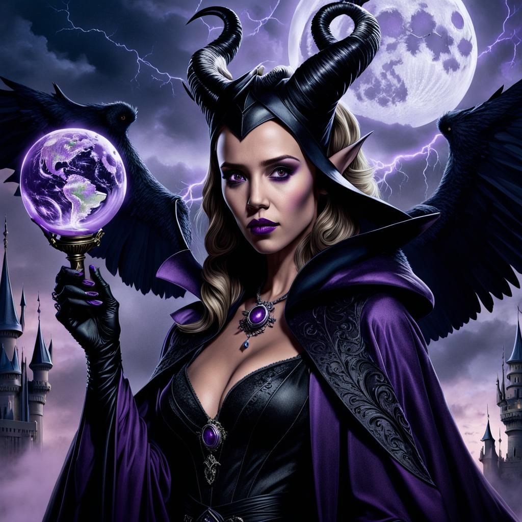 Maleficent Sorceress with Crow in Dark Castle