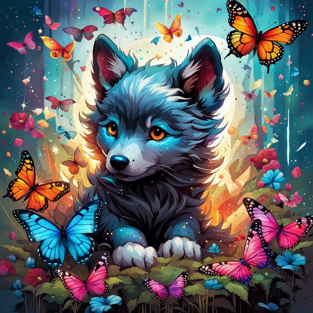 Wolf Cub with Butterflies and Constellation, Digital Art
