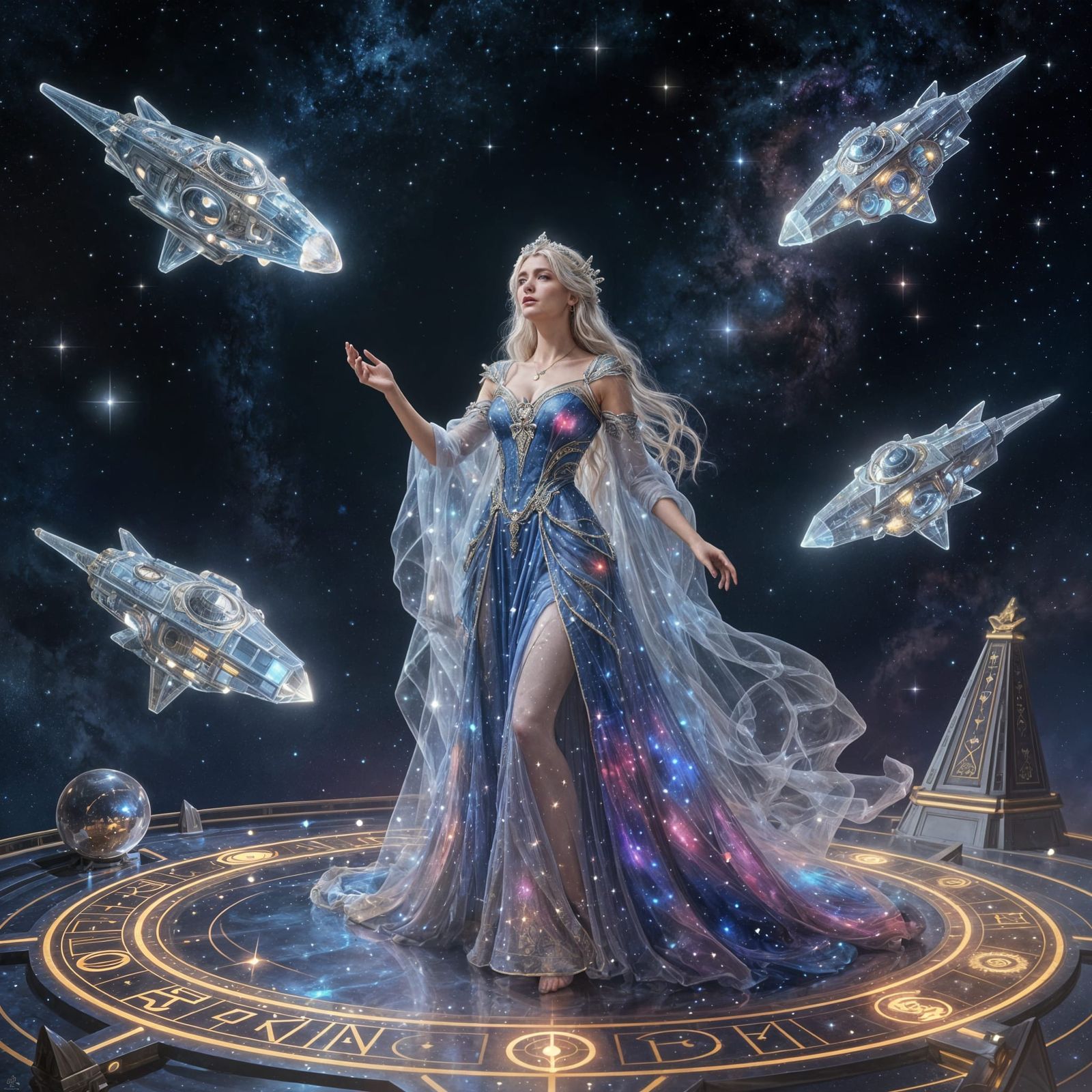 Celestial Queen Commands Starships in Cosmic Concept Art