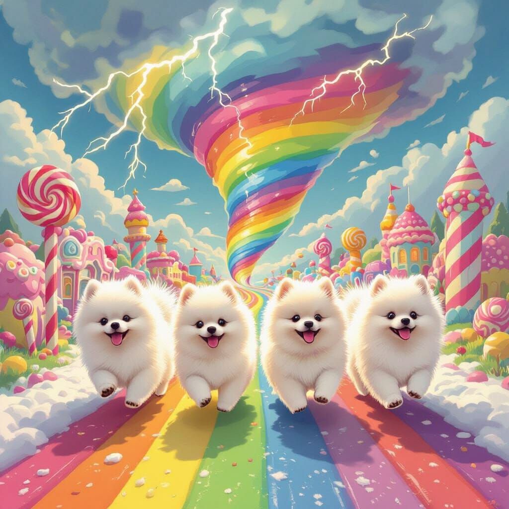 Fluffy Pomeranians Run Through Candy Land Rainbow Tornado