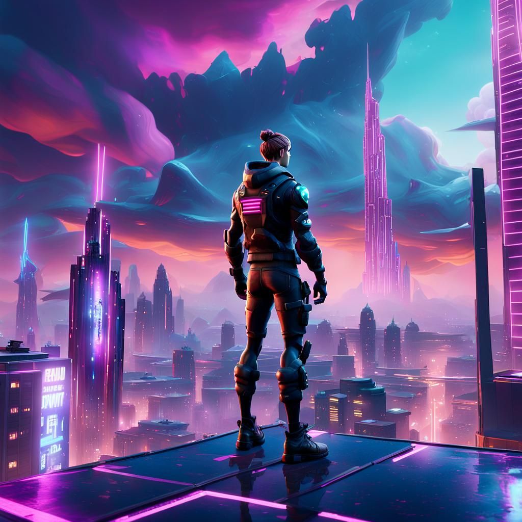 Fortnite Hero Dominates Futuristic Cityscape in Hyper-Realis...