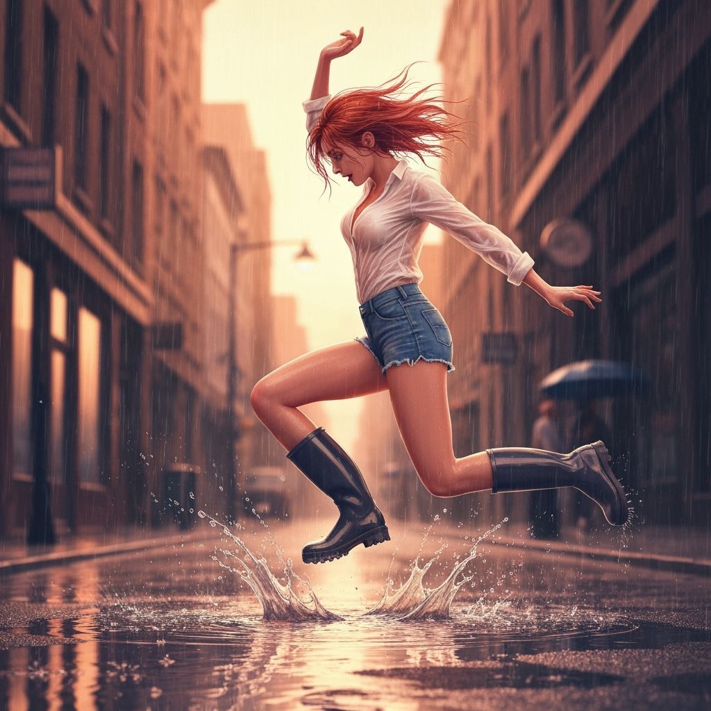 Energetic Woman Leaping in Rainy City Street