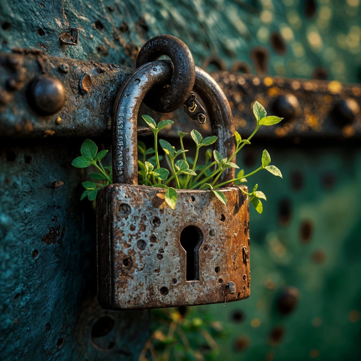 Life Emerges: Sprouts on Rusted Padlock